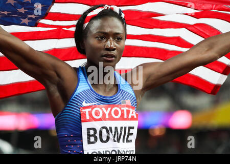 London, UK. 06th Aug, 2017. Tori Bowie, USA,  winner of women’s 100m final on day three of the IAAF London 2017 world Championships at the London Stadium. Credit: Paul Davey/Alamy Live News Stock Photo