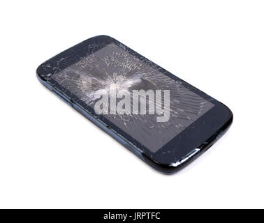 mobile phone screen is cracked isolated on white background Stock Photo