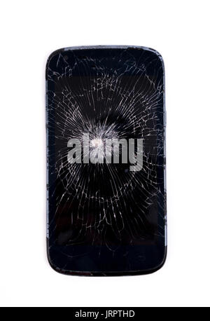 mobile phone screen is cracked isolated on white background Stock Photo