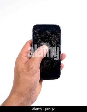 mobile phone screen is cracked isolated on white background Stock Photo