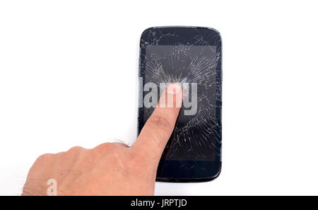 mobile phone screen is cracked isolated on white background Stock Photo