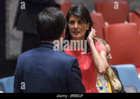 New York, United States. 05th Aug, 2017. The United Nations Security Council convened an emergency meeting to consider new sanctions against North Korea following the nation's July 3 and July 28 tests of intercontinental ballistic missiles. At the meeting, the council adopted Resolution 2371 which imposes a full ban on North Korea's exportation of iron, coal, lead and all seafood products with the anticipated result of a nearly one-billion dollar impact on North Korea's economy. Credit: Albin Lohr-Jones/Pacific Press/Alamy Live News Stock Photo