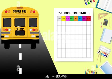 School bus is driving on the road in the left side of the vector. School equipment is in the right side of the vector with empty timetable ready for y Stock Vector