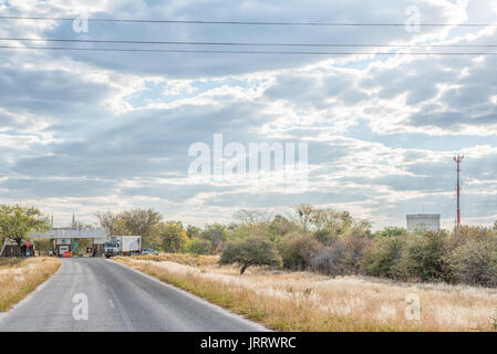 ETOSHA NATIONAL PARK, NAMIBIA - JUNE 20, 2017: The Namutoni Gate of the Etosha National Park of Namibia Stock Photo