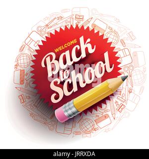 Vector design template for Back to school. school supplies icons, sharp wooden pencil and 3d Welcome Back to School text. Stock Vector