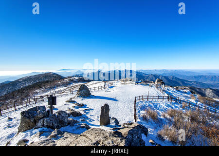 Peak of Deogyusan mountains with morning fog in winter, South Korea. Stock Photo