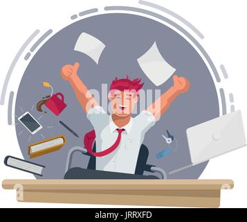 Successful happy businessman working in the office. He is jumping and all of office equipments are too. Concept vector illustration. Elements are laye Stock Vector
