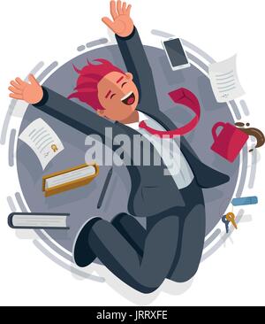 Successful happy businessman working in the office. He is jumping and all of office equipments are too. Concept vector illustration. Stock Vector