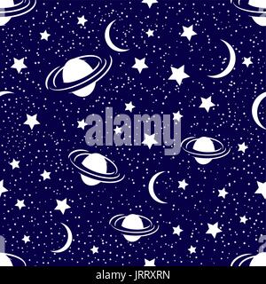 Cosmic seamless pattern with planets, moon, stars on blue background. Vector illustration. Endless texture can be used for print on fabrics. Stock Vector