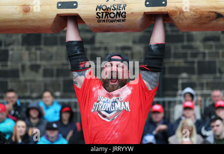 Scotland's John Pollock competes during the Ultimate Strongman Masters World Championship final at Crumlin Road Gaol in Belfast. Stock Photo