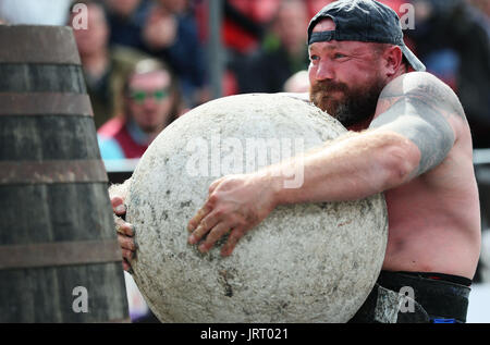 Scotland's John Pollock competes during the Ultimate Strongman Masters World Championship final at Crumlin Road Gaol in Belfast. Stock Photo