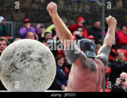 Scotland's John Pollock competes during the Ultimate Strongman Masters World Championship final at Crumlin Road Gaol in Belfast. Stock Photo