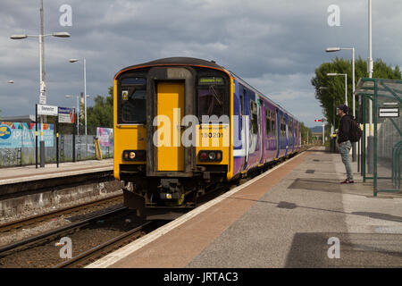 Northern Rail Arriva Rail North Class 150 stands at Ellesmere Port ELP Station having worked a service from Helsby HSB. Stock Photo