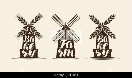 Mill, windmill icon. Farm, bakery set of labels or logos. Handwritten lettering, calligraphy vector illustration Stock Vector