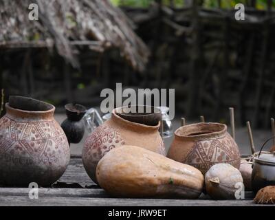 Close up of beautiful hand-made cooking pots and gourds in islolated autonomous traditional village of Boti tribe near Oinasi in West Timor, Indonesia Stock Photo