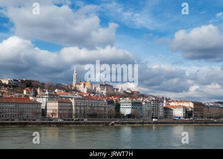 Mátyás Church and the Fishermen's Bastion on the hill of Várhegy in Buda, seen from the Széchenyi Chain Bridge over the Danube, Budapest, Hungary Stock Photo