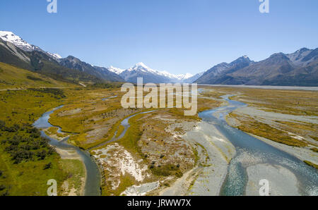 Wide riverbed of Tasman River, Mount Cook at back, Mount Cook National Park, Canterbury Region, South Island, New Zealand Stock Photo