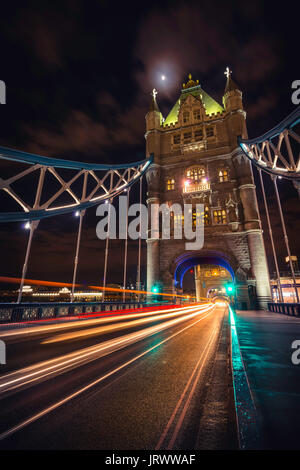 Light trails on the Tower Bridge, night shot, Southwark, London, England, United Kingdom Stock Photo