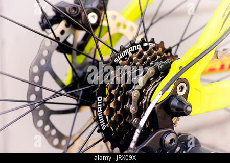 Tambov, Russian Federation - May 07, 2017 Shimano gear cassette on rear bicycle wheel. Stock Photo