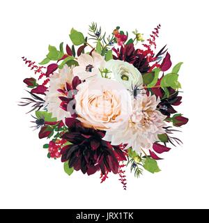 Flower round wreath bouquet of pink Rose burgundy flowers Dahlia Anemone red Astilbe, Agonis leaves green herb mix. Autumn trendy bouquet vector illus Stock Vector