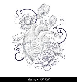 Human flora heart hipster tattoo love wild heart Symbol  Lotus waterlily lily flower leaves decorative stripes dots. Fantasy art t-shirt design Vector Stock Vector