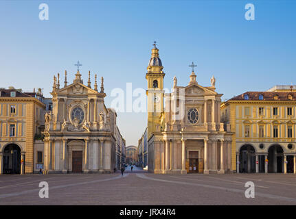 Turin - The Piazza San Carlo square and churches Santa Cristina and Sant Carlo (right). Stock Photo