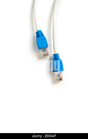 Network cable with RJ 45 connector on white background Stock Photo