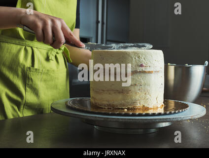 Unrecognisable woman decorating a delicious layered sponge cake with icing cream Stock Photo