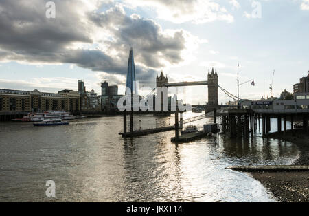 The River Thames flowing under Tower Bridge with the Shard in the background Stock Photo