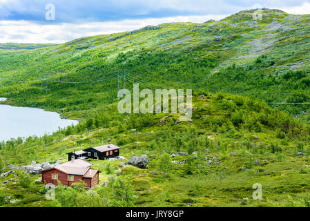 Group of small lakeside cabins in mountainous landscape. Powerlines on the mountainside. Mountain peak in background. Location Hardangervidda in Norwa Stock Photo