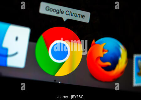 Icon, logo, Google Chrome, Firefox, web browser, browser, internet, macro shot, detail, full frame, screen shot Stock Photo