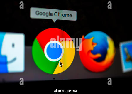 Icon, logo, Google Chrome, Firefox, web browser, browser, internet, macro shot, detail, full frame, screen shot Stock Photo