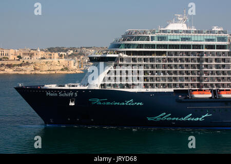 Mediterranean travel. Close-up of the TUI Cruises cruise ship Mein Schiff 5 departing from Malta Stock Photo