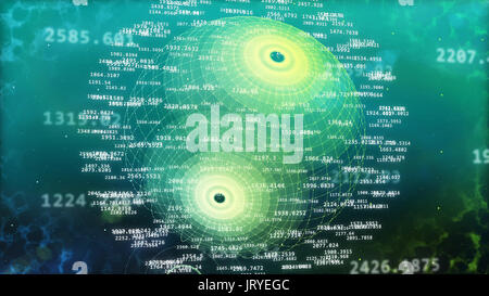 Impressive 3d rendering of the futuristic spheric data cyberspace with two poles, numerous curvy lines, various digits, slight shadows, in the light b Stock Photo