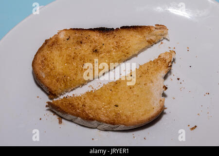 Sliced buttered toast on a white plate Stock Photo