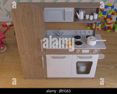 Children kitchen design interior for cooking pretend play set with accessories. 3d illustration kids kitchen smart playset. Render image Stock Photo