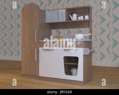 Children kitchen design interior for cooking pretend play set with accessories. 3d illustration kids kitchen smart playset. Render image Stock Photo