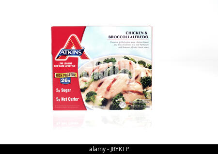 Unopened box of frozen Atkins Diet prepared chicken & broccoli alfredo meal on white background. USA Stock Photo