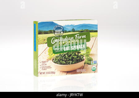 Box of unopened Cascadian Farms Organic Frozen Cut Spinach on white background. USA Stock Photo