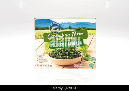 Box of Cascadian Farm frozen organic cut spinach on white background. USA Stock Photo
