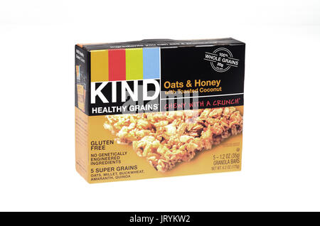 Box of Kind Bar Oats & Honey Whole Grain Snack Bars on white background, cut out Stock Photo