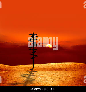 conceptual image of silhouetted directional sign on cracked dry landscape over sunset Stock Photo