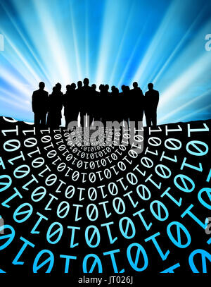 conceptual image of silhouetted group of business people and binary code over light beam Stock Photo
