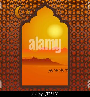 Landscape with the Arabian desert, camelcade, and hot sun outside the carved window. Vector illustration Stock Vector
