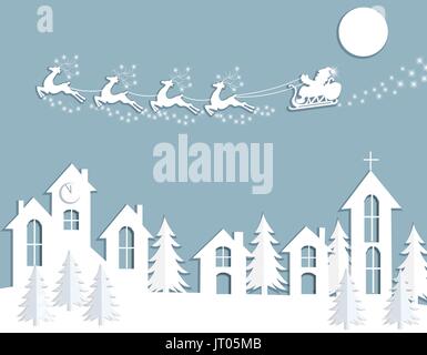 New Year s, Christmas card. Abstract silhouette of deer and sledge of Santa Claus over houses. Cut from paper. illustration Stock Vector