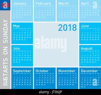 Blue Calendar for Year 2018, in English. Week starts on Sunday Stock Vector