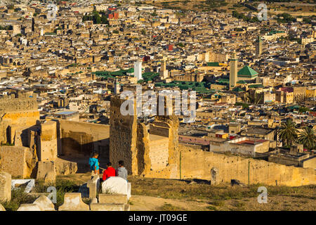 Landscape, panoramic view, Old city wall, Souk Medina of Fez, Fes el Bali. Morocco, Maghreb North Africa Stock Photo