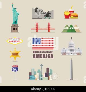 America icons set. flat style vector illustration Stock Vector