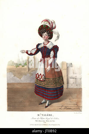 Soprano singer Madame Valere as Anna in the Romantic opera Robin des Bois by Carl Maria von Weber, Theatre Royal de l'Odeon, 1824. Handcoloured lithograph by F. Noel after an illustration by Lavigne Marin from Portraits d'Acteurs et d'Actrices dans different roles, F. Noel, Paris, 1825. Stock Photo