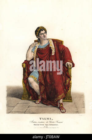 Francois Joseph Talma as Nero in Britannicus by Jean Racine, Theatre Francais, 1817. After the painting by Eugene Delacroix. Handcoloured lithograph by F. Noel after an illustration by Alexandre-Marie Colin from Portraits d'Acteurs et d'Actrices dans different roles, F. Noel, Paris, 1825. Stock Photo